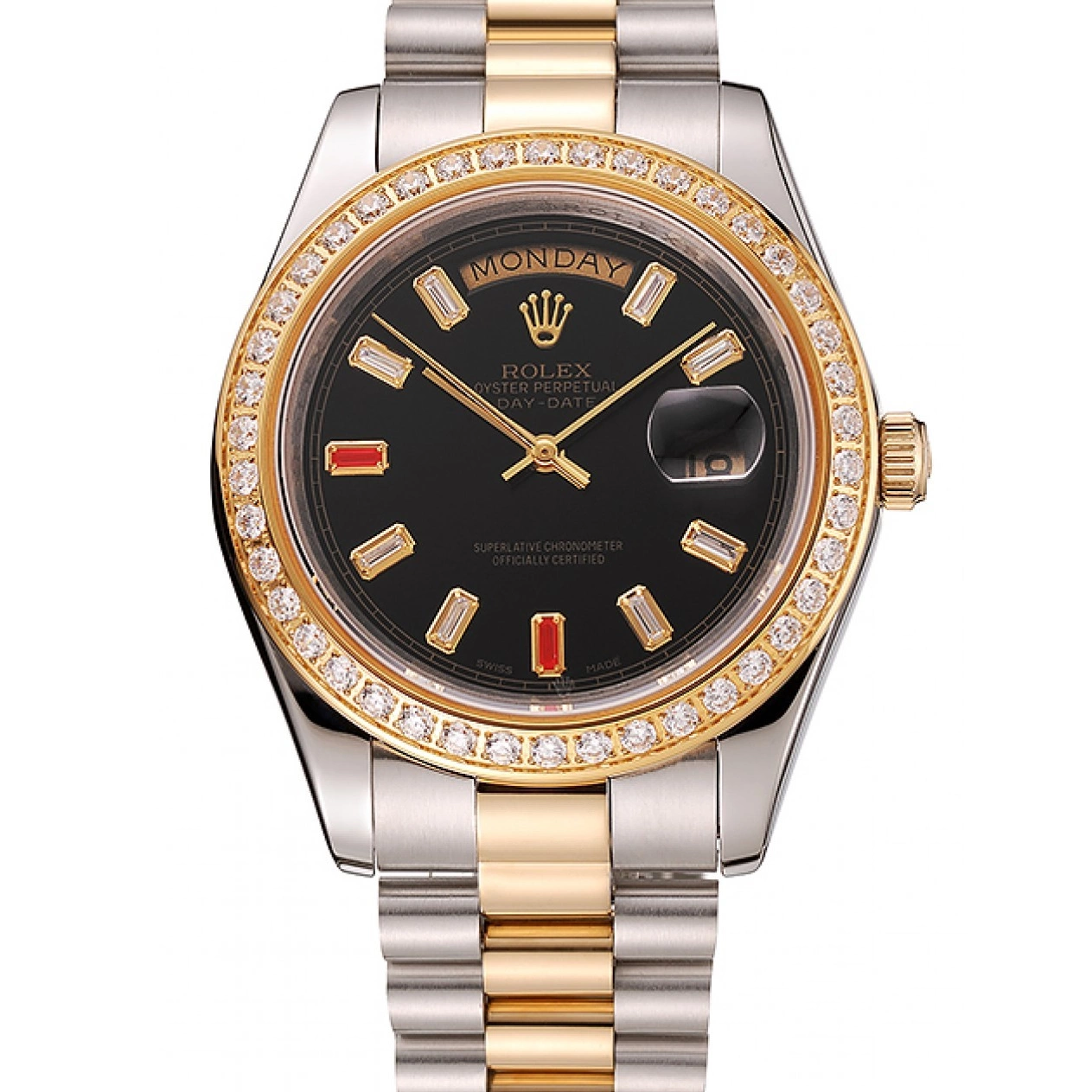 Good copy rolex watches Dial Black 1454105 Rolex Two Day-Date Rubies And Diamonds Bracelet Swiss Tone 0717